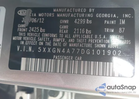 2013 Kia Optima Ex z USA, uszkodzony, nr VIN 5XXGN4A77DG101902